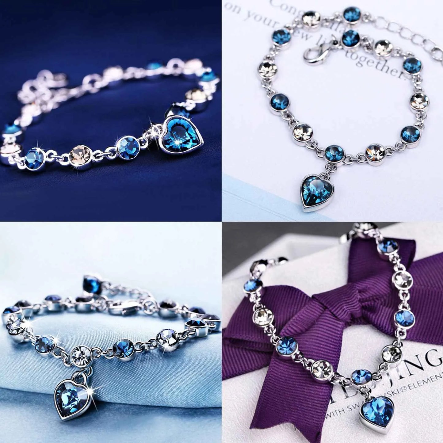 Captivating Ocean Heart Crystal Bracelet with Radiant Blue Heart Pendant