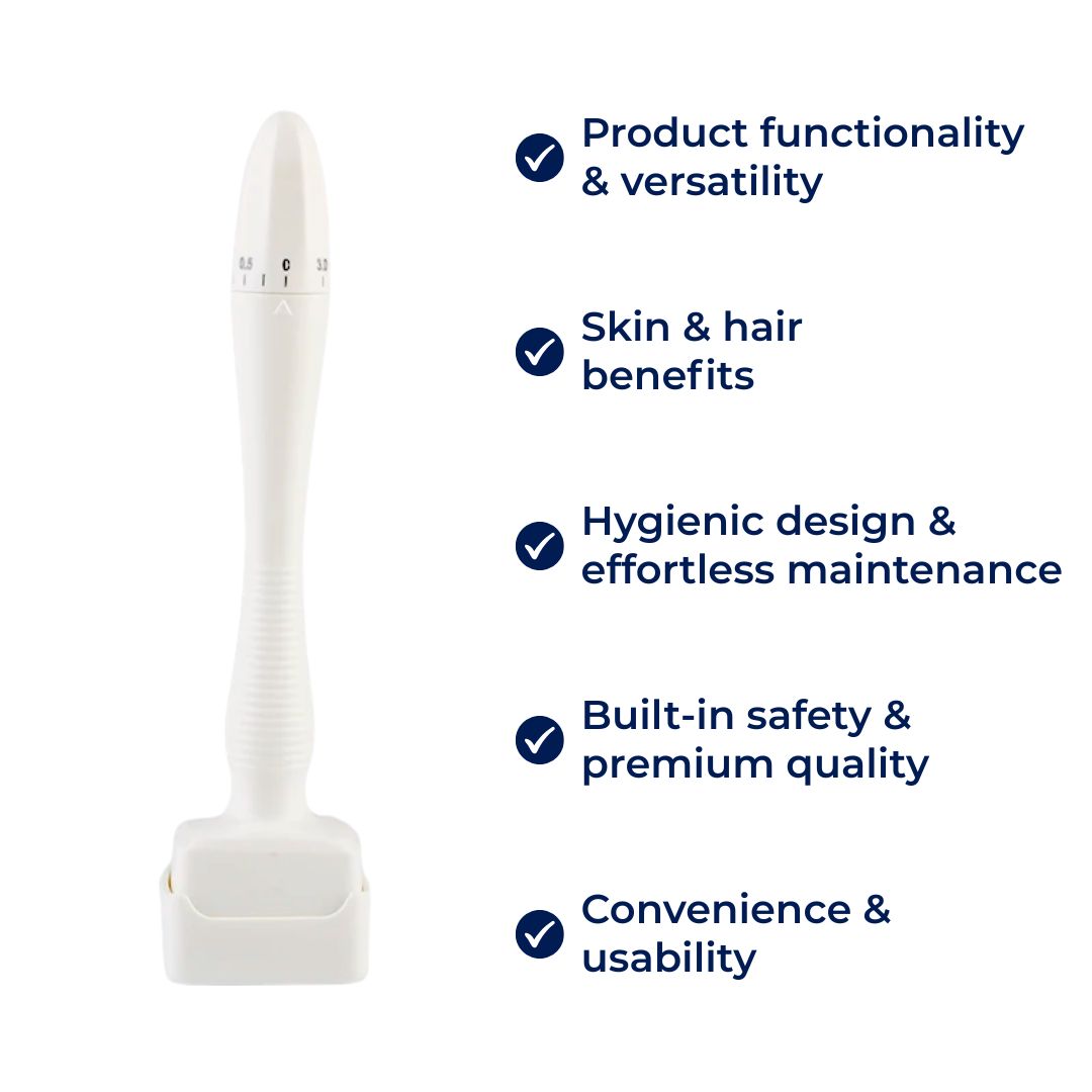 RevitaGlow | Microneedling Derma Stamp – Adjustable Depth – 140 Needles – Skin & Hair Rejuvenation Bowlift