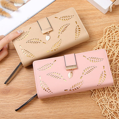 Long wallet for women with leaf pattern