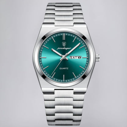 Stainless Steel Watch with Emerald Green Dial and Day-Date Display