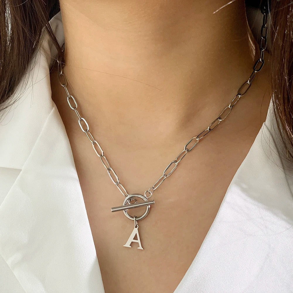 BowLift | Paperclip Letter Initial Circle Lock Clasp Necklace