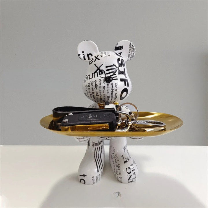 Bear Figurine with Serving Tray, Modern Decorative Figure for Living Room and Hallway