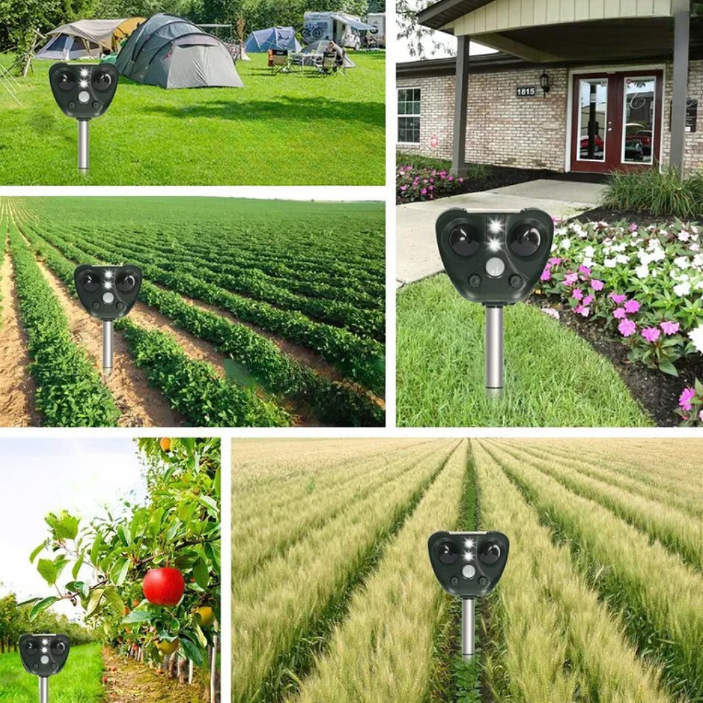 Solar ultrasonic bird repeller device, waterproof, for outdoor use