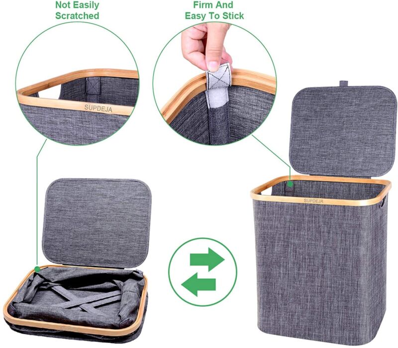 Skanto | Basket with Lid 60L, Laundry Basket with Bamboo Handle and Lid, Foldable