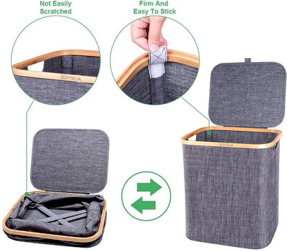 Skanto | Basket with Lid 60L, Laundry Basket with Bamboo Handle and Lid, Foldable