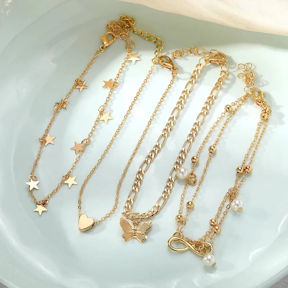 Skanto | 5pc Delicate Feminine Anklet Set (Stars, Heart, Butterfly, Infinity, Beads)