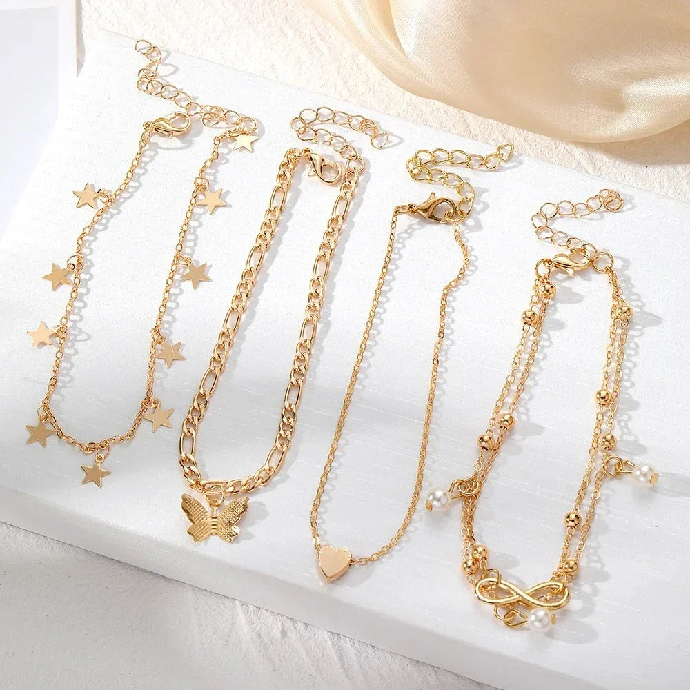 Skanto | 5pc Delicate Feminine Anklet Set (Stars, Heart, Butterfly, Infinity, Beads)