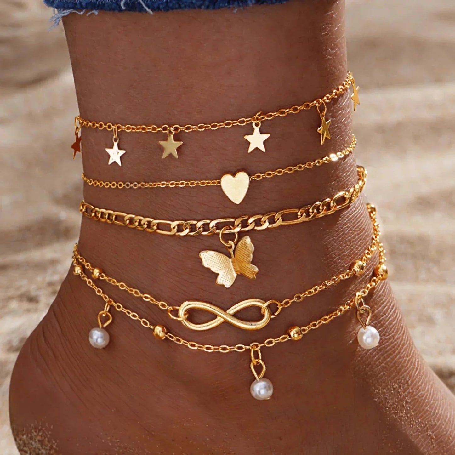 Skanto | 5pc Delicate Feminine Anklet Set (Stars, Heart, Butterfly, Infinity, Beads)
