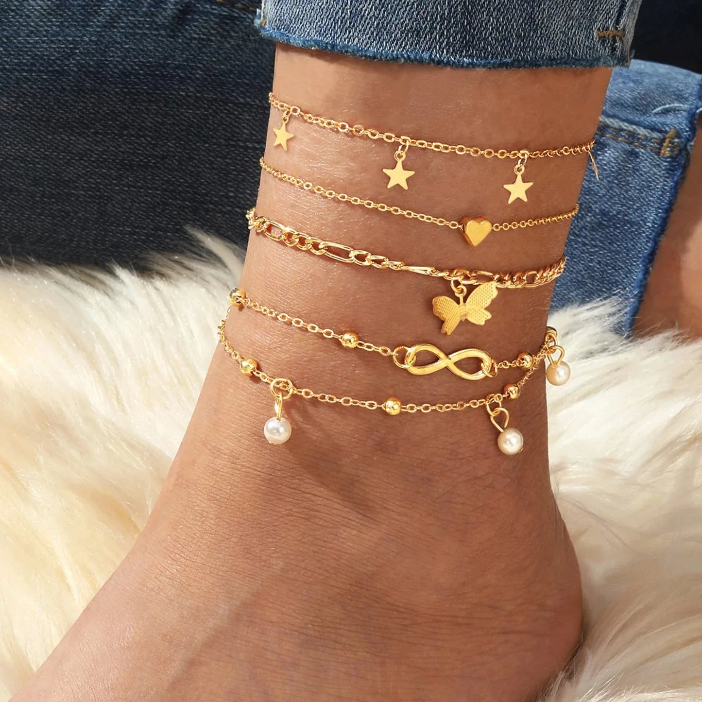 Skanto | 5pc Delicate Feminine Anklet Set (Stars, Heart, Butterfly, Infinity, Beads)