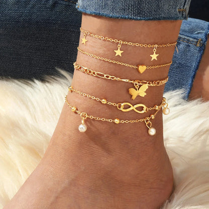 Skanto | 5pc Delicate Feminine Anklet Set (Stars, Heart, Butterfly, Infinity, Beads)