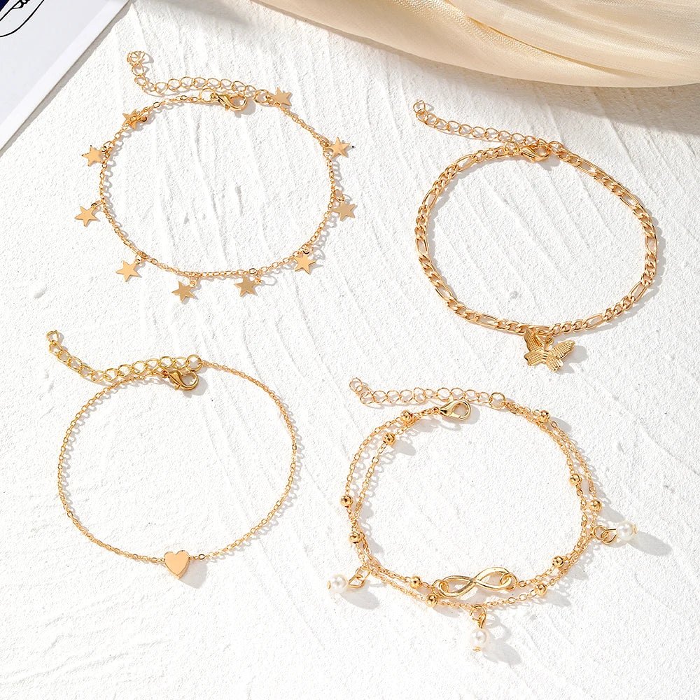 Skanto | 5pc Delicate Feminine Anklet Set (Stars, Heart, Butterfly, Infinity, Beads)