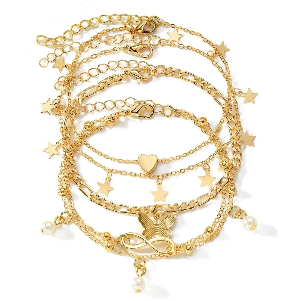 Skanto | 5pc Delicate Feminine Anklet Set (Stars, Heart, Butterfly, Infinity, Beads)
