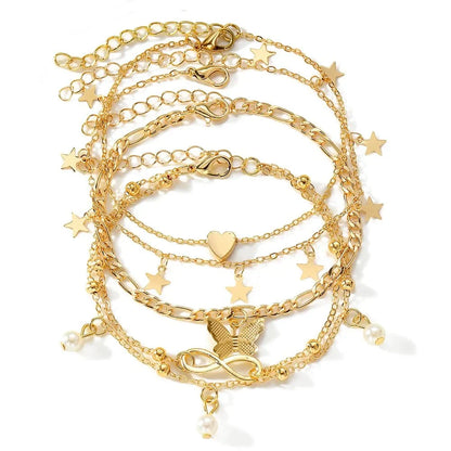 Skanto | 5pc Delicate Feminine Anklet Set (Stars, Heart, Butterfly, Infinity, Beads)
