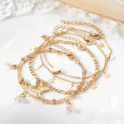 Skanto | 5pc Delicate Feminine Anklet Set (Stars, Heart, Butterfly, Infinity, Beads)