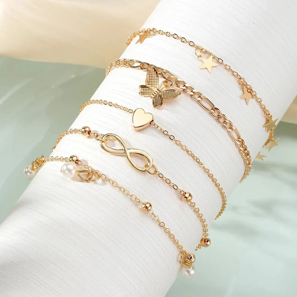 Skanto | 5pc Delicate Feminine Anklet Set (Stars, Heart, Butterfly, Infinity, Beads)