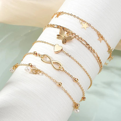 Skanto | 5pc Delicate Feminine Anklet Set (Stars, Heart, Butterfly, Infinity, Beads)