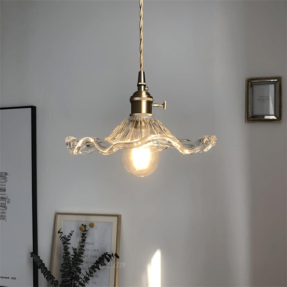 Skanto | Elegant Hibiscus Flower Pendant Lamp – Glass & Brass Hanging Lamp