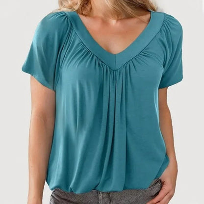 Skanto | Women's Casual Pleated V-Neck Short-Sleeve Top