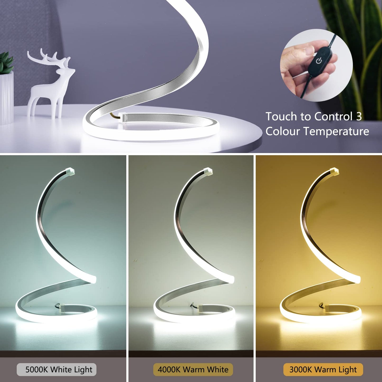 Skanto | Nuür Stepless Dimmable Silver Table Lamps Set of 2 - Curved Art Nightstand Lighting For Bedroom