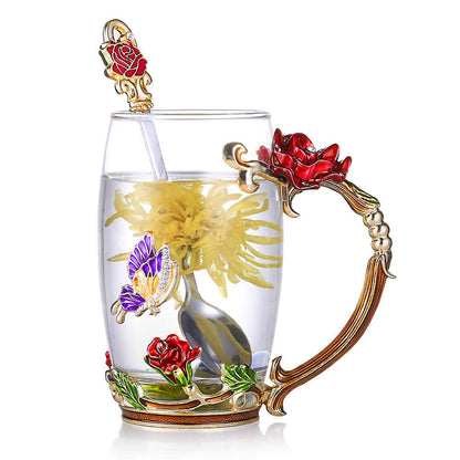 BowLift | Enamel Rose Glass Tea Cup Set (With Spoon)