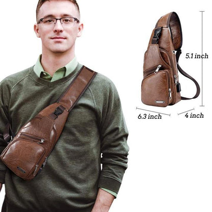 Brehn | Large Men's Leather Bag Sling Bag Waterproof Crossbody Bag with USB