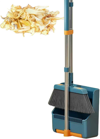 BowLift | Large Broom and Dustpan Set – Long Handle with 180° Rotating Broom Head – Clavira