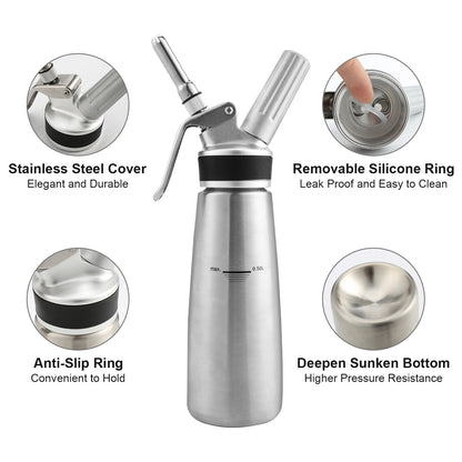 Cream dispenser stainless steel with 3 nozzles 500ml | Karnz