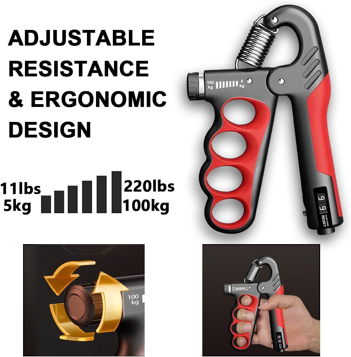 BowLift | Adjustable Hand Grip Strengthener | 5–100KG Resistance | Rep Counter | Non-Slip Handles