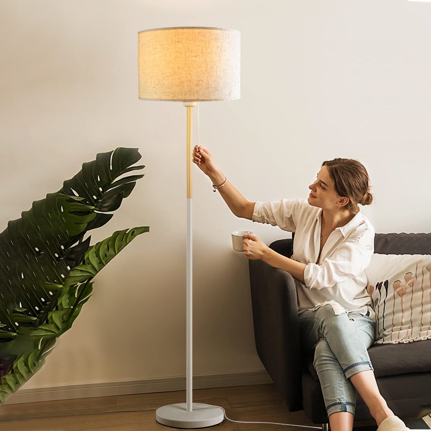 Skanto | Lalisu Modern White Floor Lamp - Mid-Century Farmhouse Design With Linen Shade For Living Room