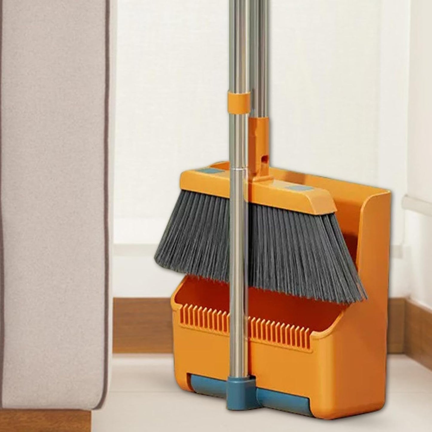 BowLift | Large Broom and Dustpan Set – Long Handle with 180° Rotating Broom Head – Clavira