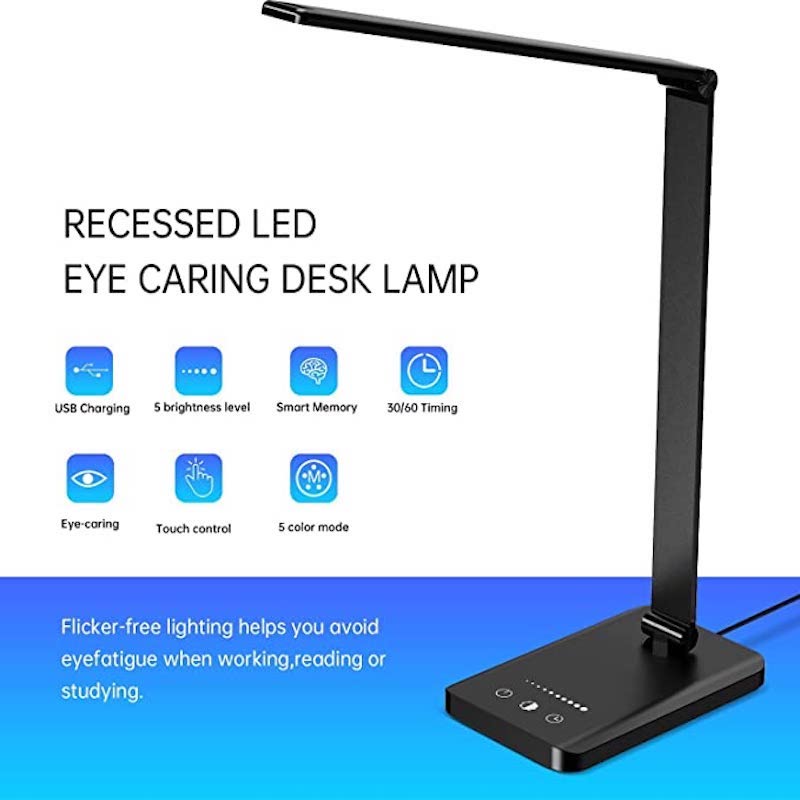 Skanto | LED Desk Lamp with USB Charging Port, Dimmable Eye-Care Reading Lamp for Home, with 5 Brightness Levels & 3 Light Modes, Touch Control, Auto Timer (Black)