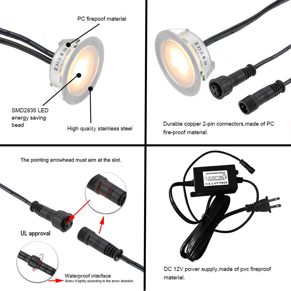 Skanto | Smy Lighting 6-Pack LED Deck Lights, Waterproof IP67, Warm White, Stainless Steel, Low Voltage
