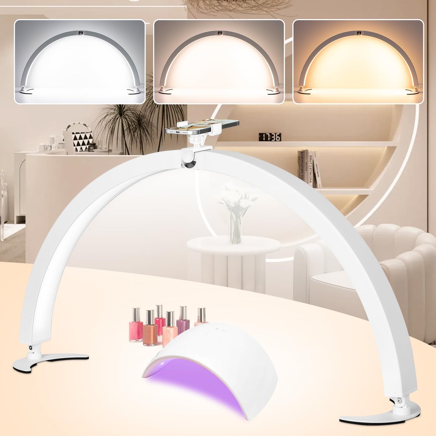 Skanto Skanto | Hitti Half Moon Nail Desk Lamp with Phone Holder, 7 Colors, 10 Brightness Levels, Remote Control - White