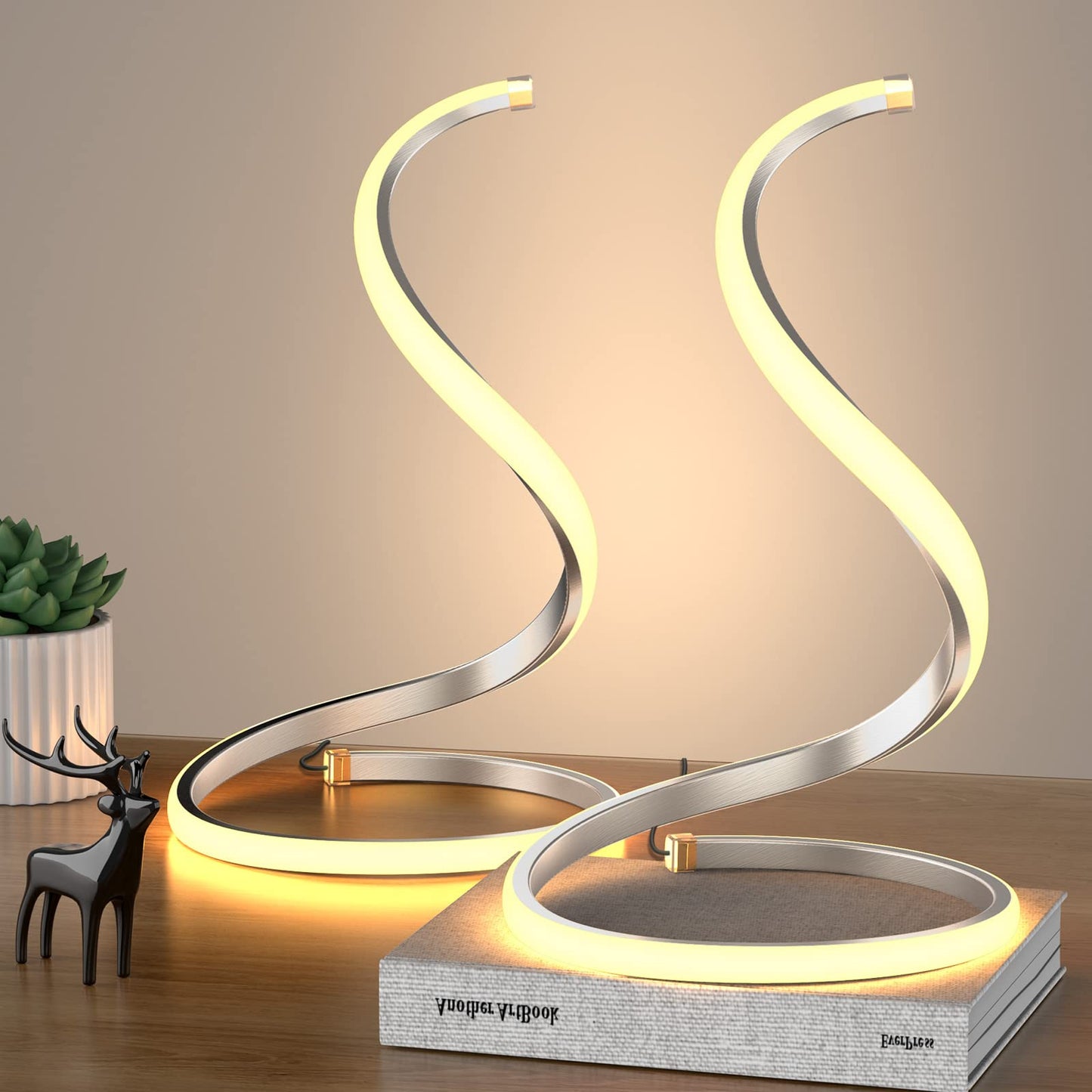 Skanto | Nuür Stepless Dimmable Silver Table Lamps Set of 2 - Curved Art Nightstand Lighting For Bedroom