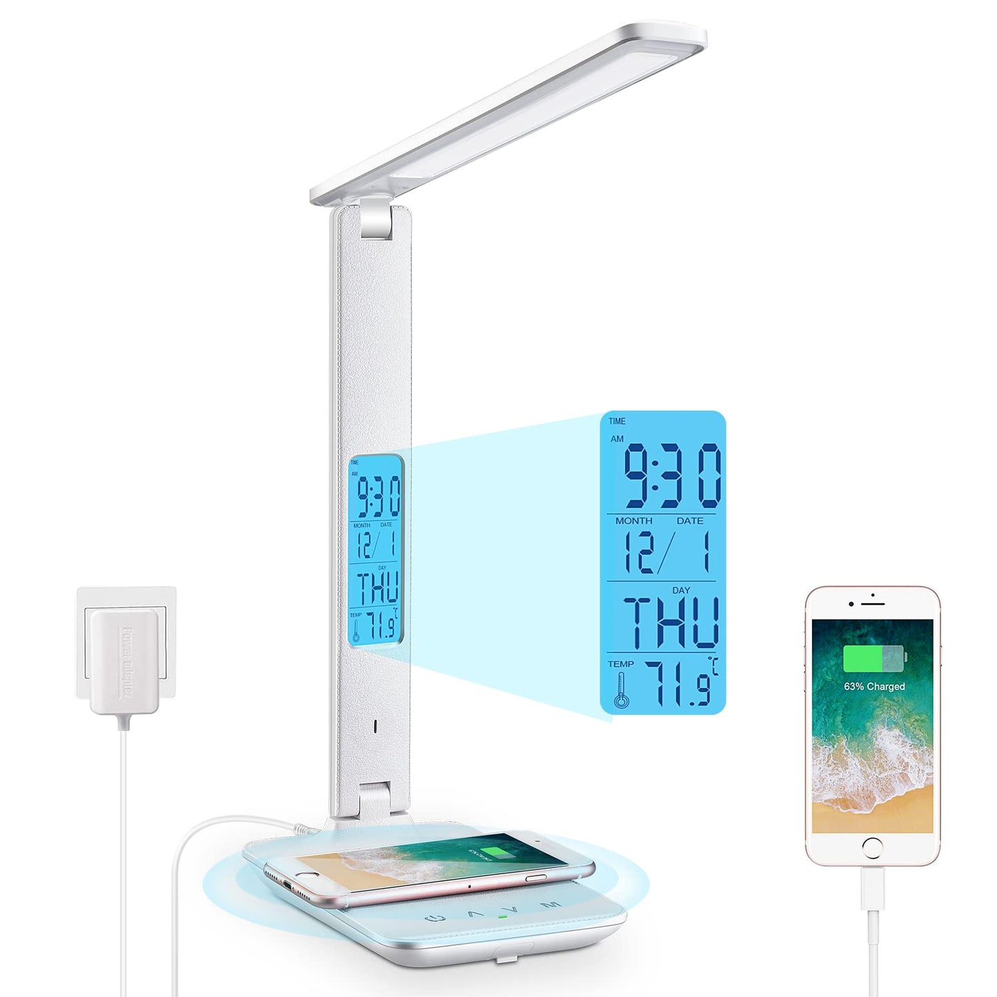 Skanto Skanto | Laopao Desk Lamp, LED Desk Lamp with Wireless Charger, USB Charging Port, Adjustable Foldable Table Lamp with Clock, Alarm, Date, Temperature, 5-Level Dimmable Lighting, Office Lamp with Adapter