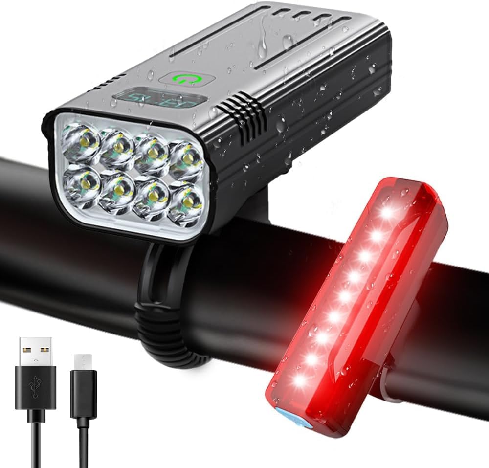 Skanto | Victoper 8000 Lumens Bicycle Light Set, 8 LED USB Rechargeable Front & Rear Lights, Matte Black