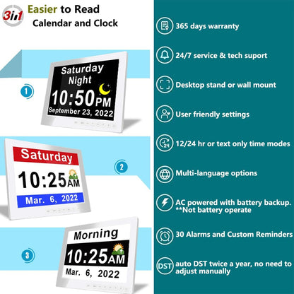 BowLift | 11.5-Inch Digital Calendar Day Clock with 19 Reminders – Claryon