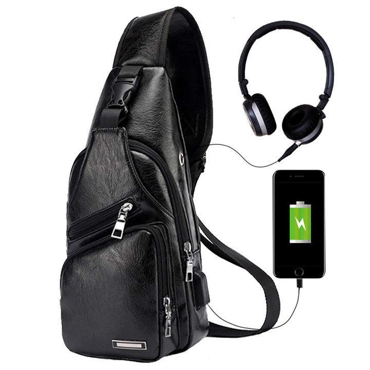 Brehn | Large Men's Leather Bag Sling Bag Waterproof Crossbody Bag with USB