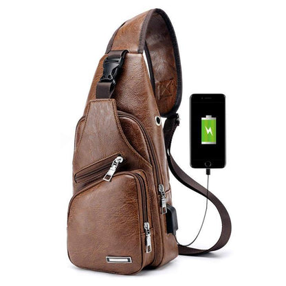 Brehn | Large Men's Leather Bag Sling Bag Waterproof Crossbody Bag with USB