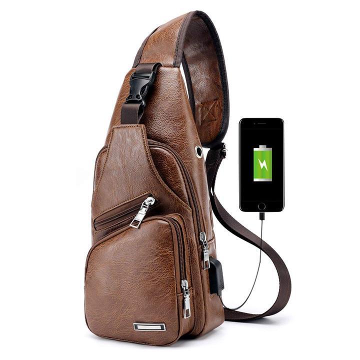 Karnz | Large Men's Leather Bag Chest Backpack Waterproof Crossbody Bag with USB
