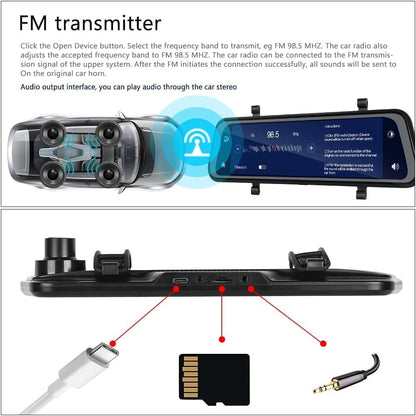Mirror Dash Cam with 9.66-Inch Touchscreen, Dual 1280×720P Cameras and GPS