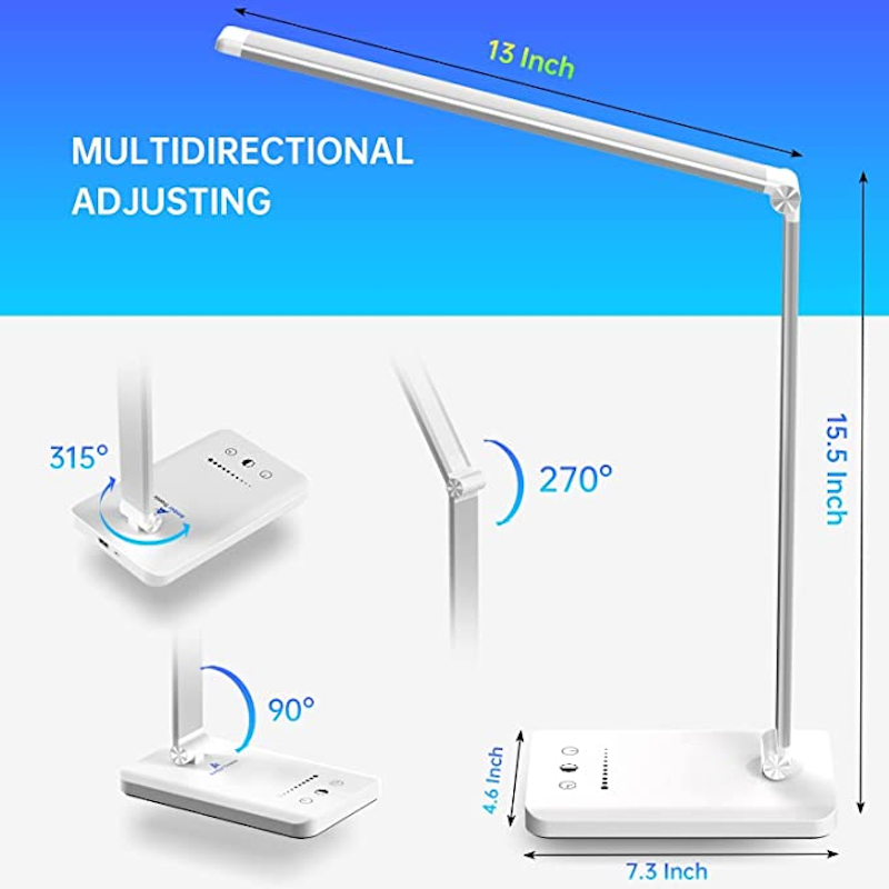 Skanto | LED Desk Lamp with USB Charging Port, Dimmable Eye-Care Reading Lamp for Home, with 5 Brightness Levels & 3 Light Modes, Touch Control, Auto Timer (Black)