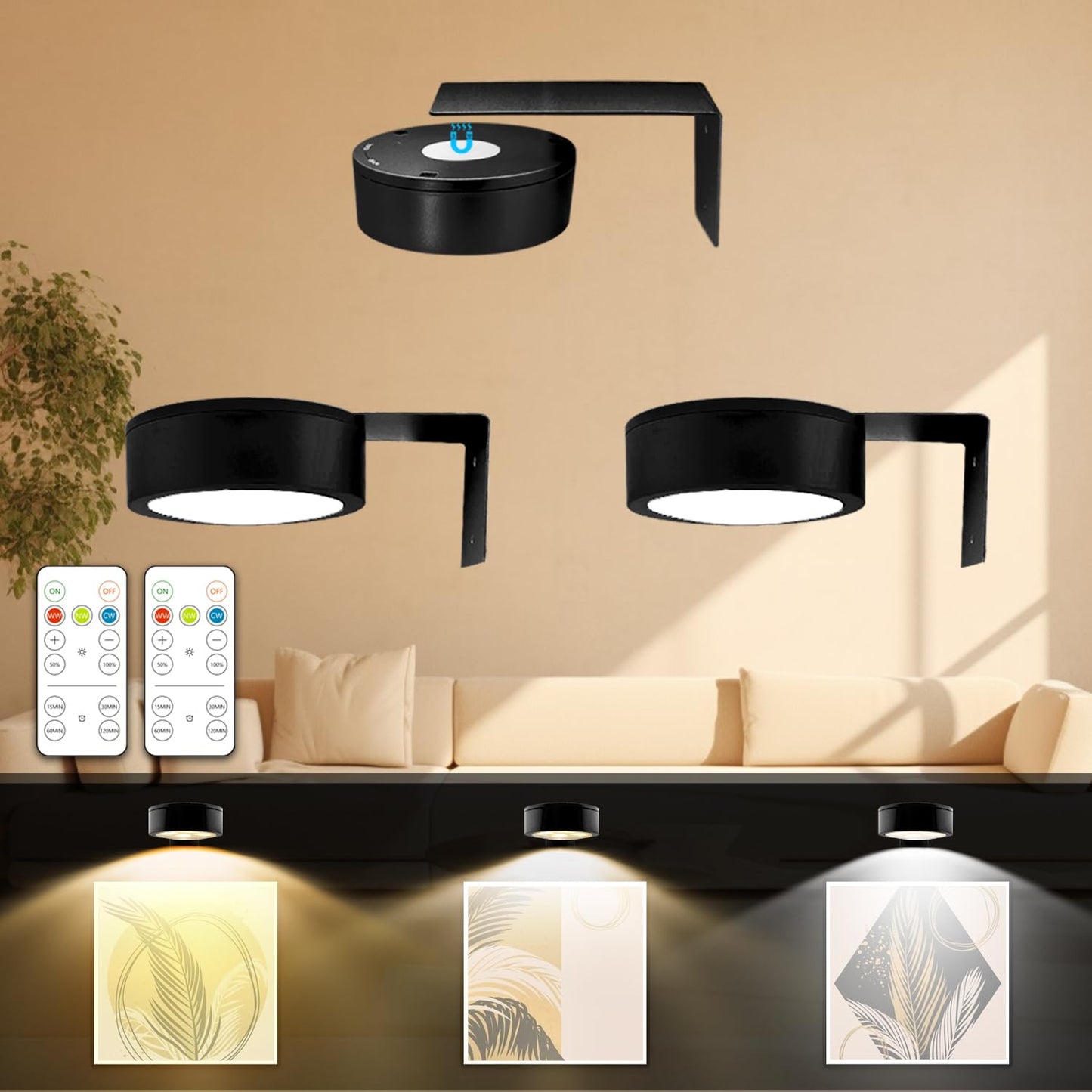 Skanto | Skanto Arixinks 3Pack Battery Powered Picture Light with Remote, Painting Light for Art with 3 Light Colors & Dimmable, LED Art Display