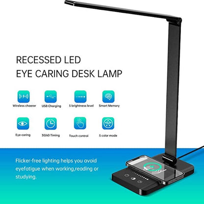 Skanto | LED Desk Lamp with USB Charging Port, Dimmable Eye-Care Reading Lamp for Home, with 5 Brightness Levels & 3 Light Modes, Touch Control, Auto Timer (Black)