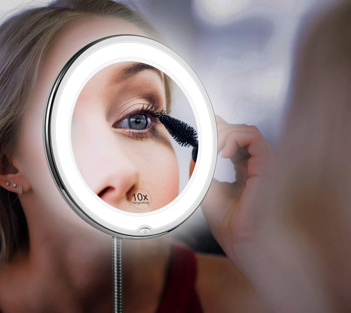 Skanto | Claravue LED Magnifying Mirror with Flexible Gooseneck Bracket – 10x Zoom, Daylight LEDs & Suction Cup Mount