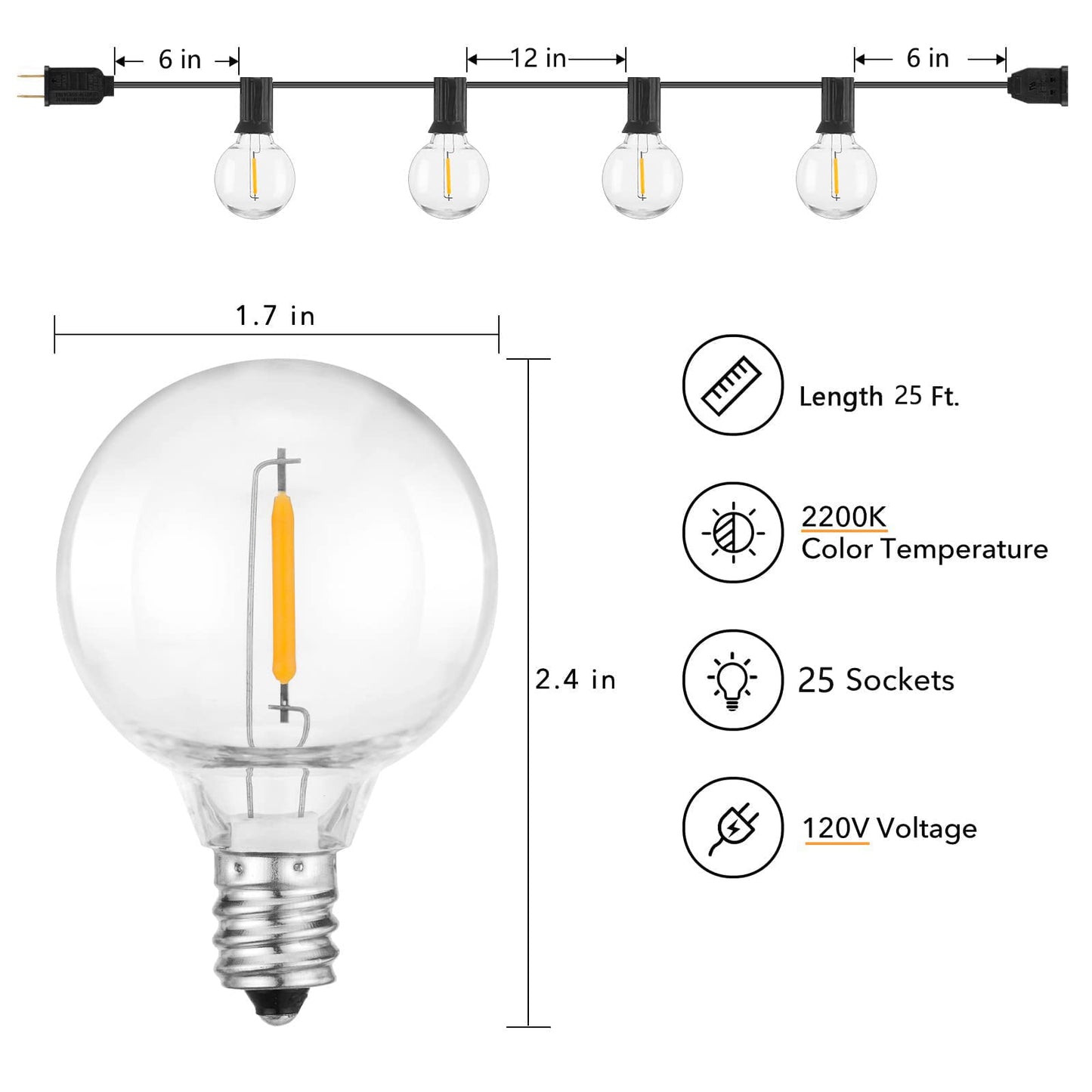 Skanto | Brightown 25Ft Outdoor String Lights, 27 G40 LEDs, Shatterproof, Waterproof, Black Cord