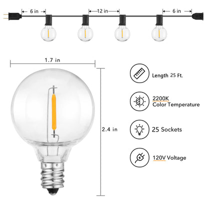 Skanto | Brightown 25Ft Outdoor String Lights, 27 G40 LEDs, Shatterproof, Waterproof, Black Cord