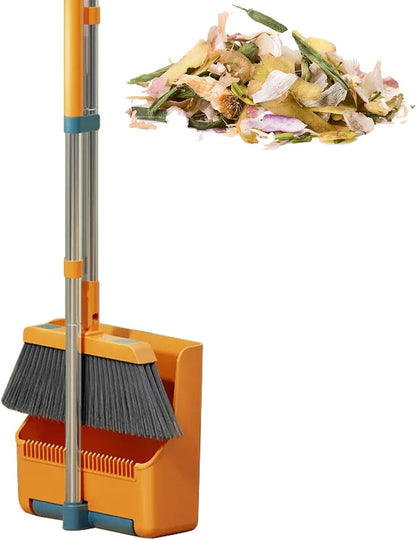BowLift | Large Broom and Dustpan Set – Long Handle with 180° Rotating Broom Head – Clavira