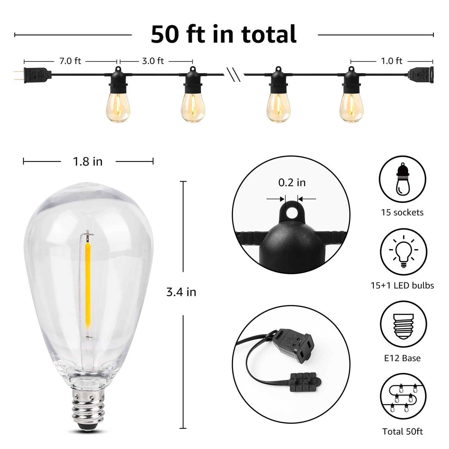 Skanto | Lepro 50Ft Outdoor String Lights, 15 Warm White LED Bulbs, Waterproof Bistro Patio Lights