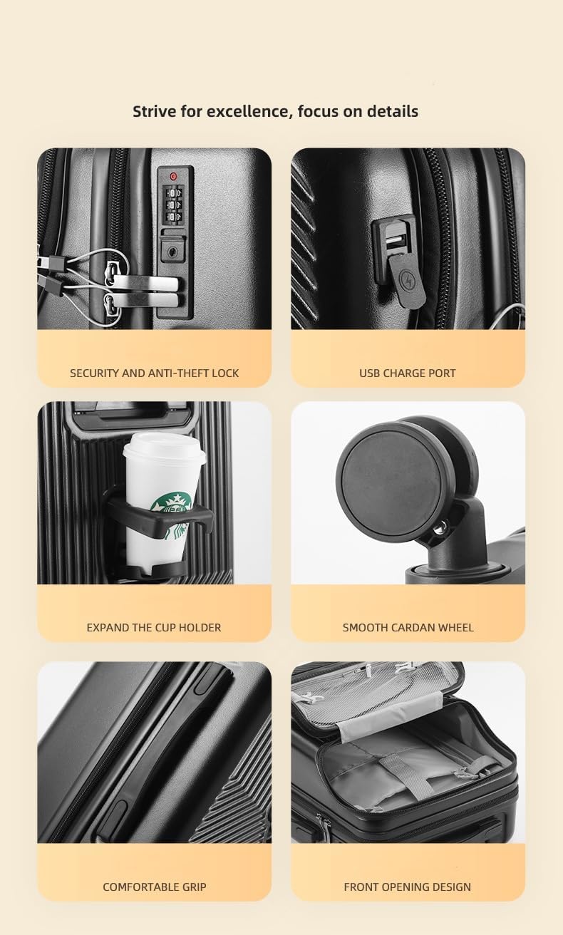 Skanto | Hard Shell Carry-On with Cup Holder, USB Port, and TSA Lock